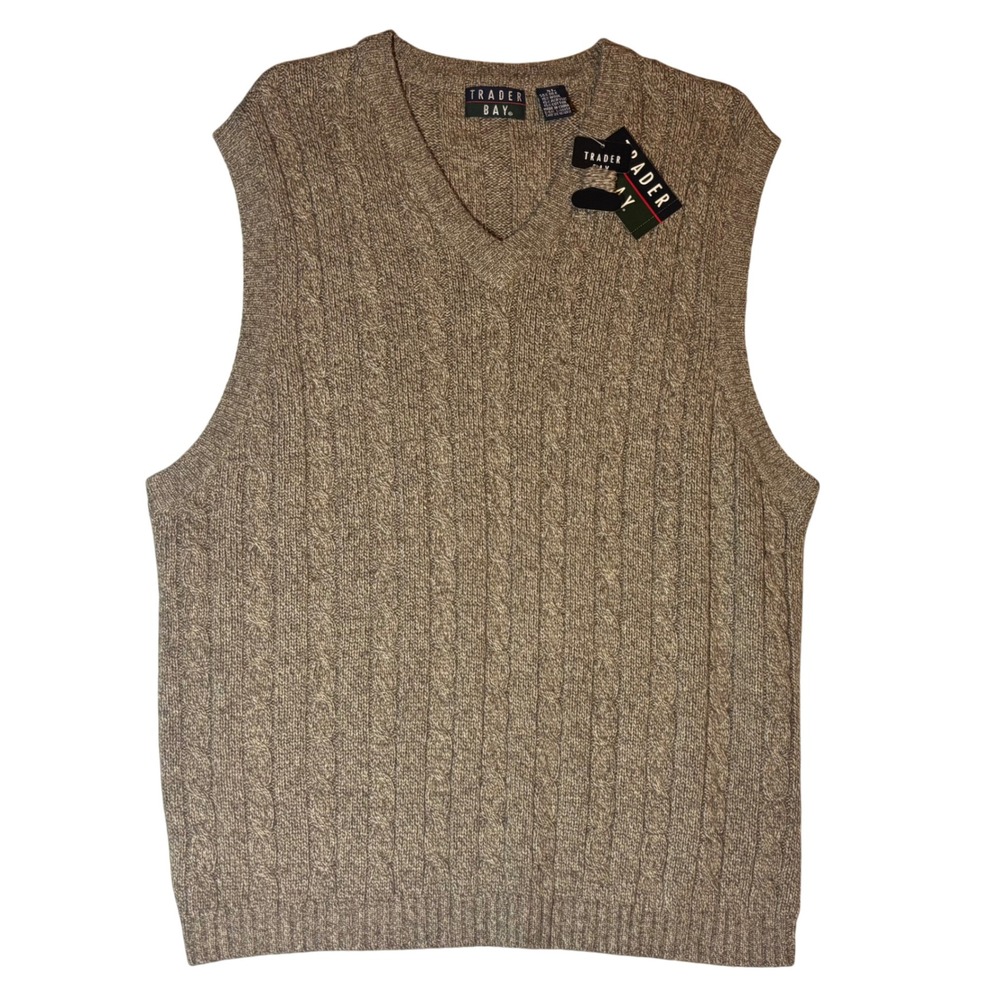 Vintage NWT Trader Bay Silk Wool Tan X-Large Cable Knit Sweater Vest Grandpacore
